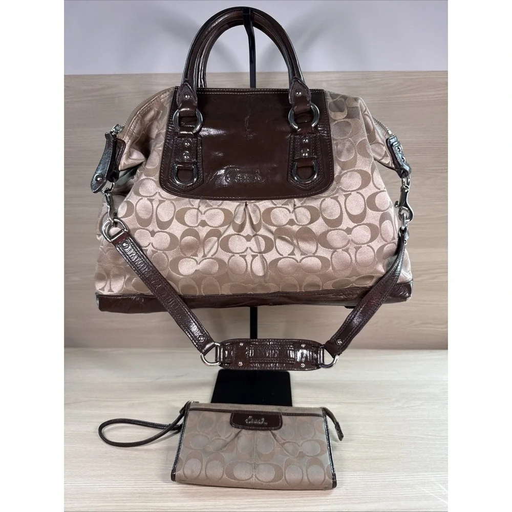 Coach Signature Sateen Ashley Satchel Bag with‎ Matching Wallet F15440 Tan Brown